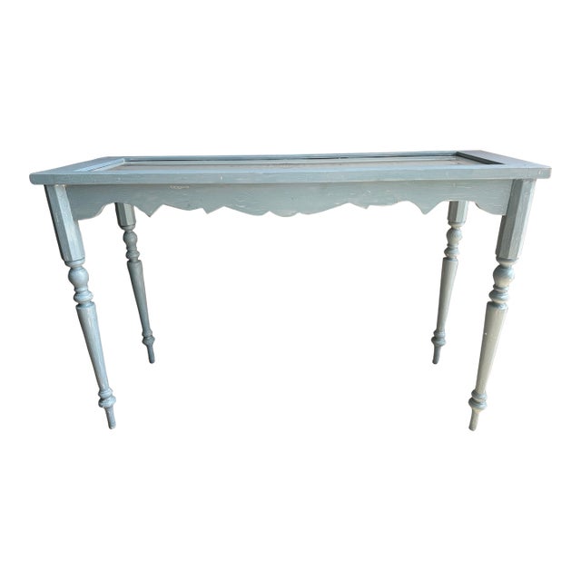 Vintage Etched Glass Carved Wood Console Table For Sale