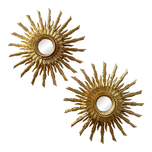 Pair of Mid 20th Century Sunburst Carved Golden Mirrors For Sale