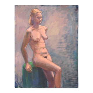 Blonde Nude Leaning on a Stool in Oil on Canvas by George Wishon For Sale