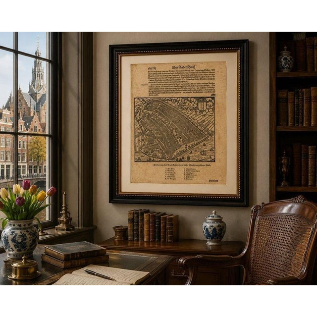 Beige Antique Woodcut Haarlem Map by Sebastian Münster, 1575 For Sale - Image 8 of 12