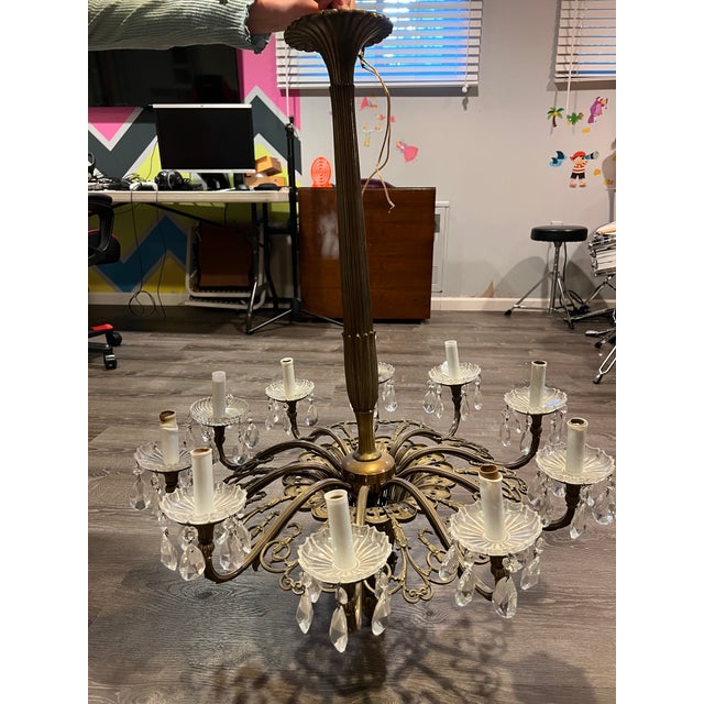 Antique Pressed Brass Chandelier With Crystal Ornaments and Grape Bunch Finial For Sale - Image 17 of 18