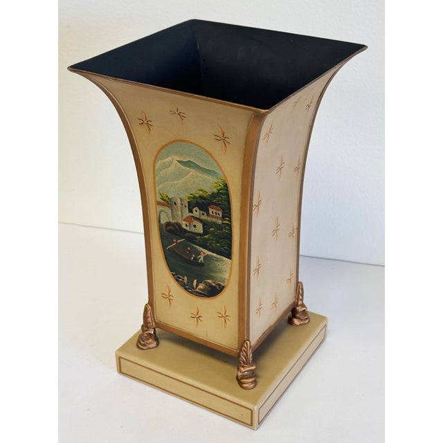 Vintage hand-painted French style tole tinware cachepot urn style vase designed by Jeanne Reed in Williamsburg, Virginia....