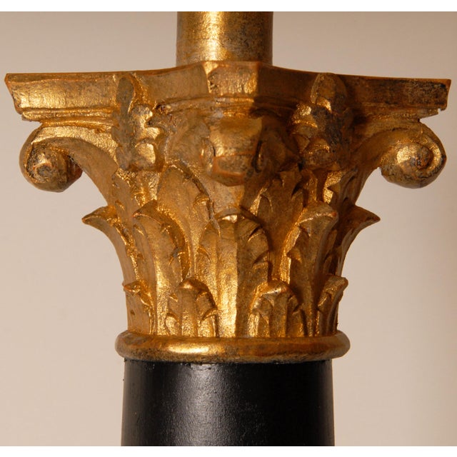 1990s Vintage Italian Table Lamps Corinthian Column Lamps Black Gold Wood Hand Carved - A Pair For Sale - Image 5 of 9