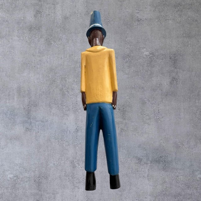 Late 20th Century Vintage African Hand Carved Wood Colon Statue Gentleman Figure Yellow Suit 19" For Sale - Image 5 of 10