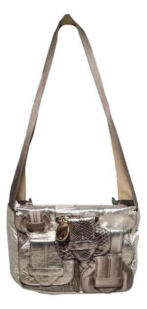 Chloe Silver Leather Satin Snakeskin Buckle Handbag