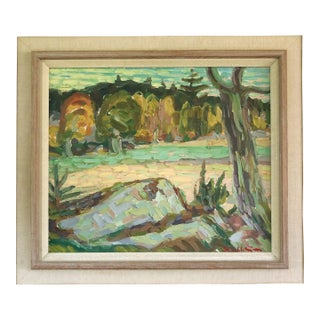Mid-Century Modern 'Autumn Meadow' Vintage Original Landscape Oil Painting, Framed For Sale