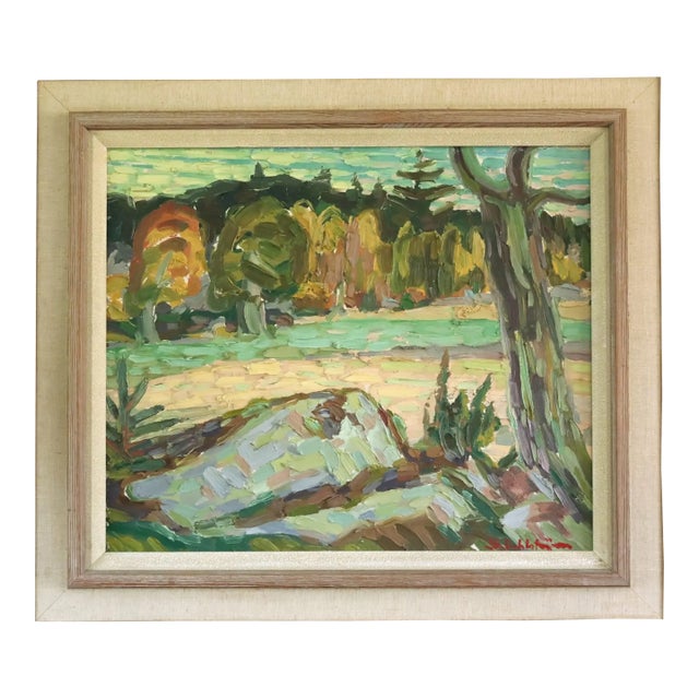 Mid-Century Modern 'Autumn Meadow' Vintage Original Landscape Oil Painting, Framed For Sale