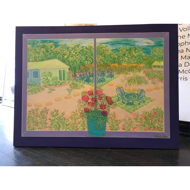 Beautiful Molly J. Schiff Garden scene in oil and acrylic on canvas, circa 1990s.