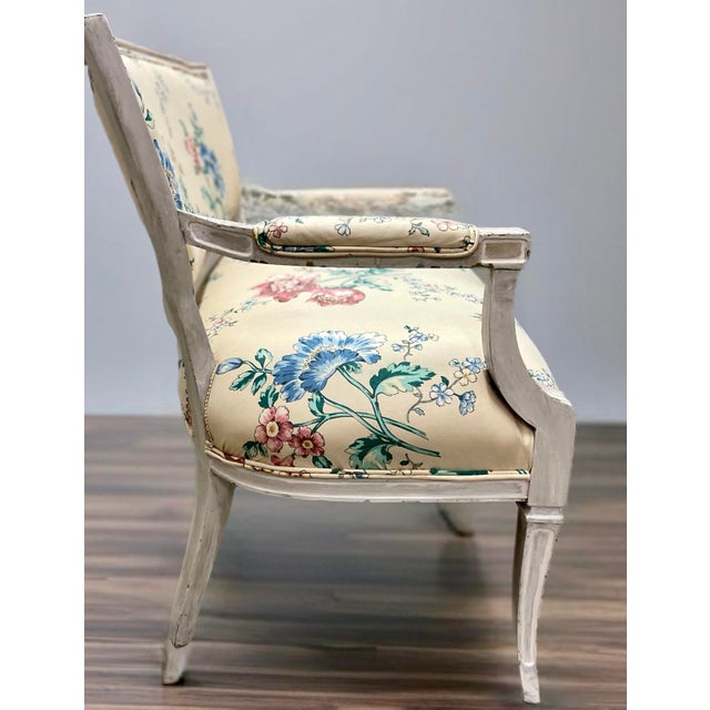 19th C. French Painted Loveseat or Settée in Polish Cotton Upholstery For Sale In New York - Image 6 of 12