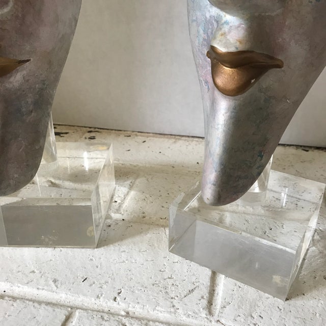Ceramic Masks on Lucite Stands, Pair For Sale - Image 4 of 6