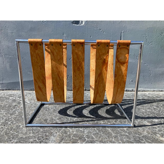 1970s Cognac Saddle Leather & Chrome Magazine Rack For Sale - Image 4 of 13