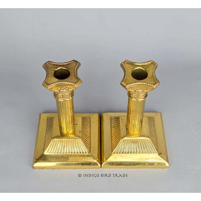Neoclassical Antique English Brass Corinthian Column Candlestick Holders Set of 2 For Sale - Image 3 of 7