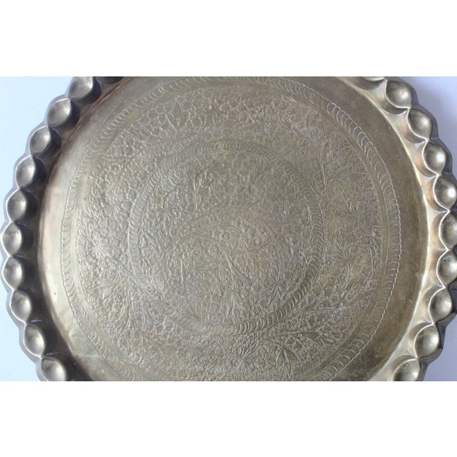 Metal Indo-Persian Round Brass Hand Crafted Decorative Tray Platter Vintage Mid Century For Sale - Image 7 of 9