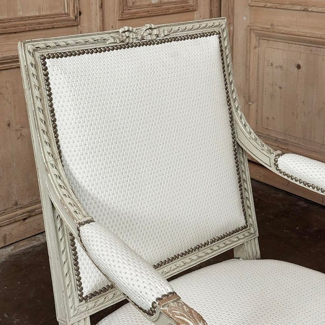 Pair of French 19th Century Louis XVI Painted Armchairs ~ Fauteuils For Sale - Image 10 of 17