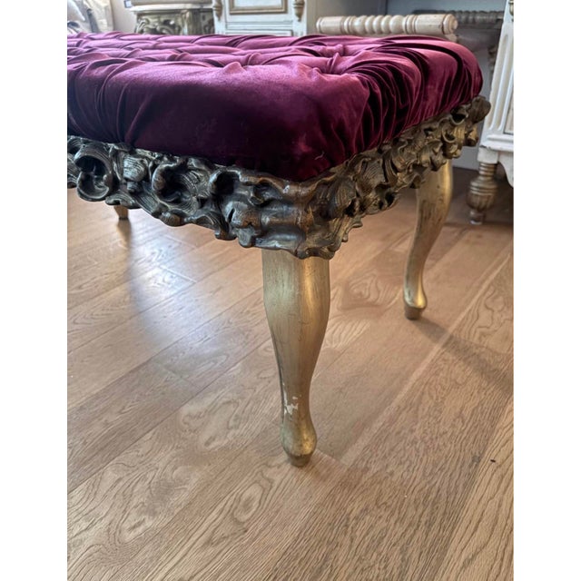 Ruby Red Antique Carved Giltwood Bench in Newly Upholstered Plum Velvet For Sale - Image 8 of 10