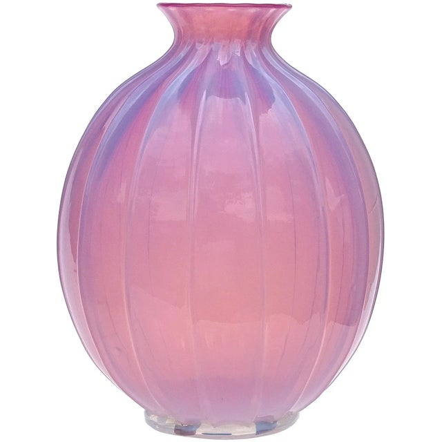 Vintage Murano Barovier Toso Pink Opalescent Italian Art Glass Paneled Surface Decorative Flower Vase For Sale - Image 10 of 10