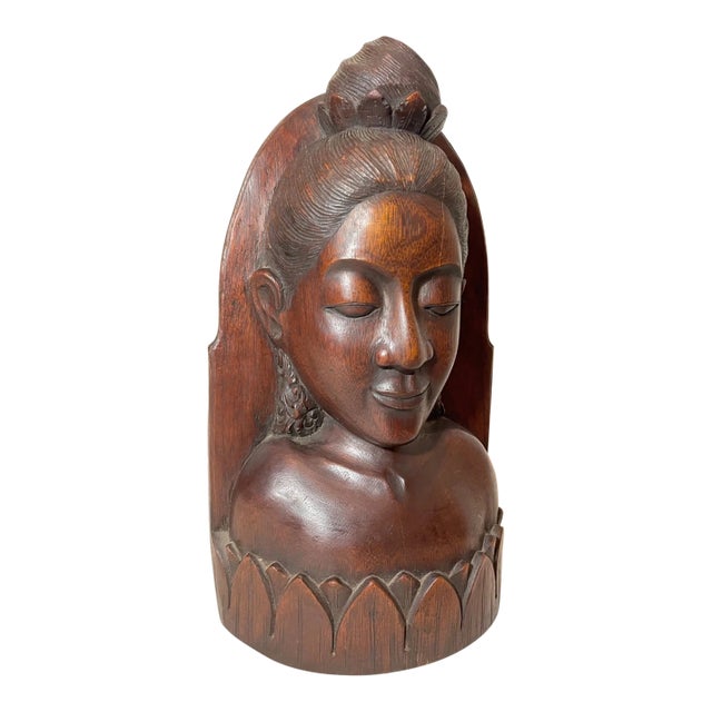 1940s Hand Carved Balinese Indonesian Bali Lady Bust Wood Carving Sculpture For Sale