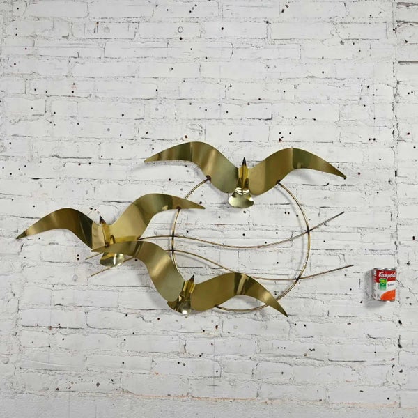 C Jere Brass Plated Bird Flock of Seagulls Wall Sculpture Signed