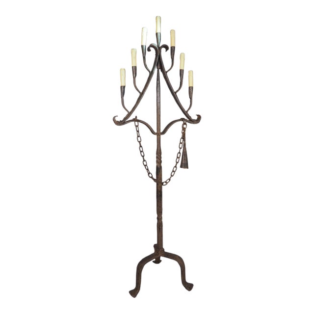 A French Wrought Iron Floor Candelabra With Candle Snuffer, Late 19th Century For Sale