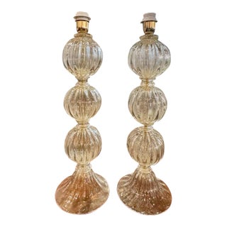 Pair of Modern Gold Murano Glass Ball Form Lamps For Sale