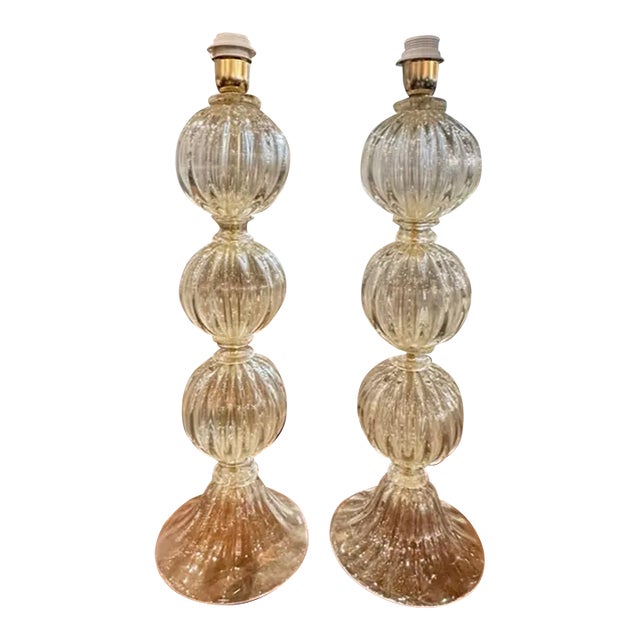 Pair of Modern Gold Murano Glass Ball Form Lamps For Sale