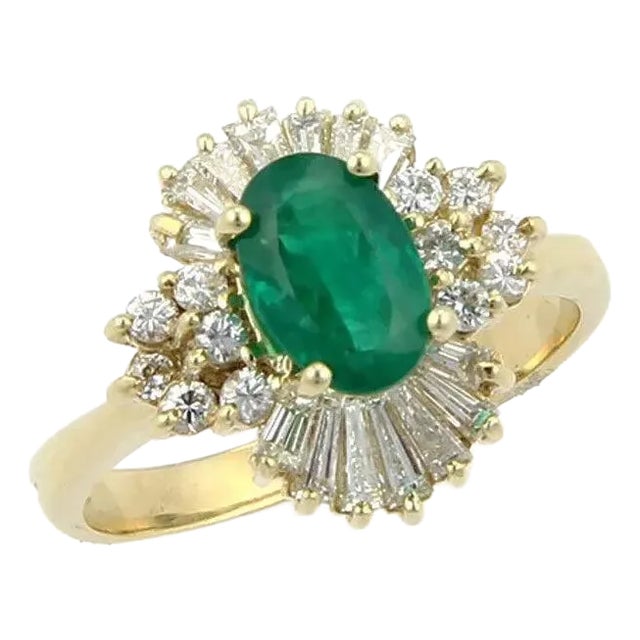 Diamond Emerald 14k Yellow Gold Cocktail Ring, Size 8.75 For Sale