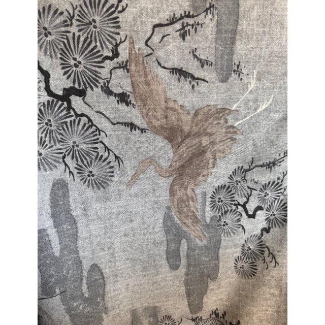 8 yards continuous. Shipped on a roll. Beautiful toile fabric with cranes and Asian themed building and trees.