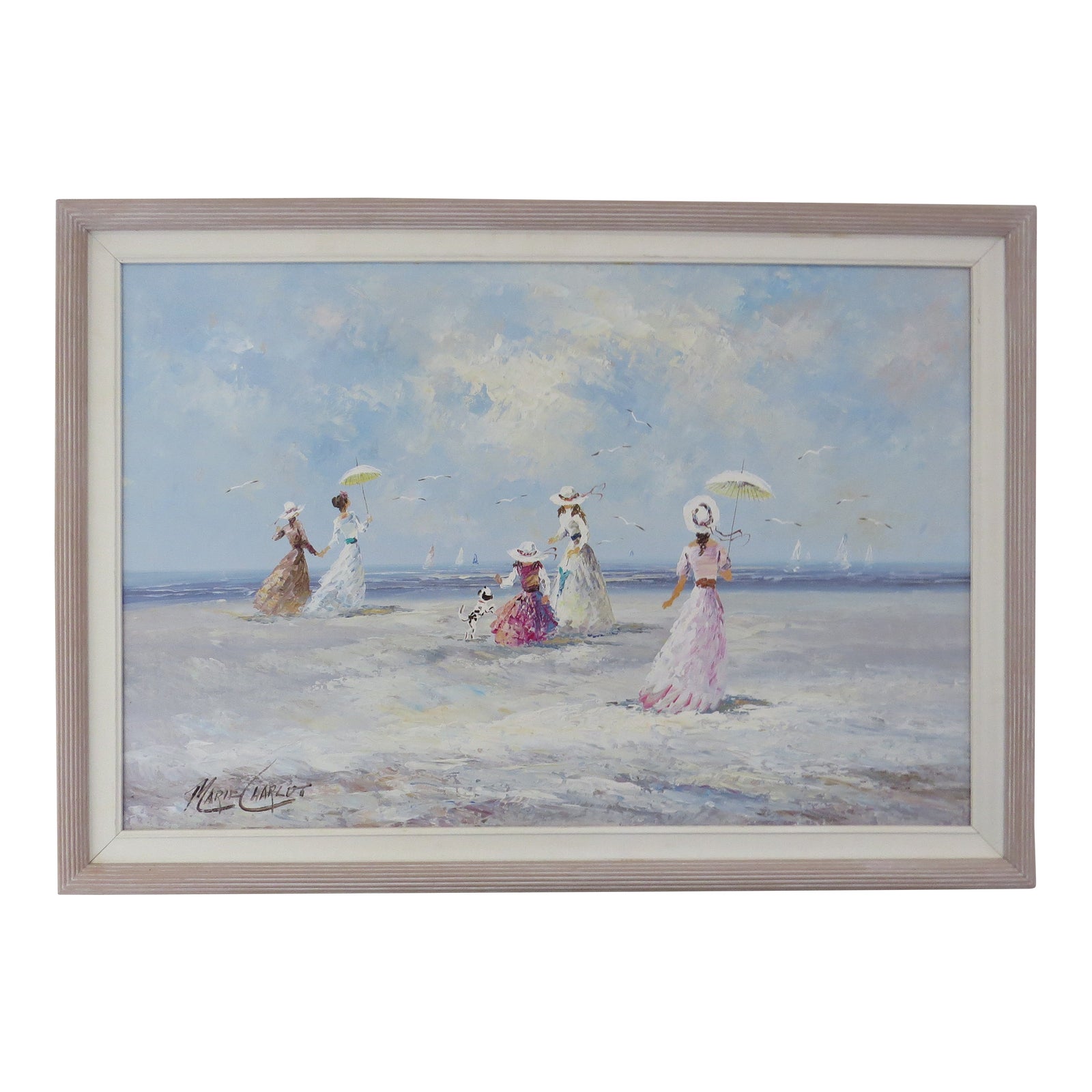 Mid 20th Century Original Oil Canvas Painting Victorian Ladies