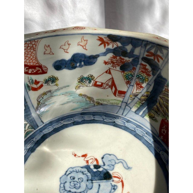 Late 19th Century Large 19th Century Japanese Imari Octagonal Bowl With Karashishi & Landscape Panels For Sale - Image 5 of 18