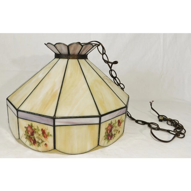 Purple Vintage C1970s Signed Yellow Caramel & Purple Lilac Swirl Slag Glass Floral Pendant Light Chandelier For Sale - Image 8 of 12