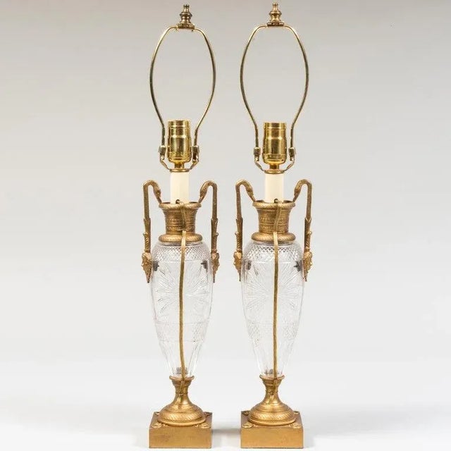 Empire Style Cut Glass and Gilt Bronze Table Lamps - A Pair For Sale - Image 4 of 8