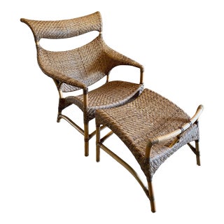 Organic Shaped Rattan Chair and Footstool Set For Sale