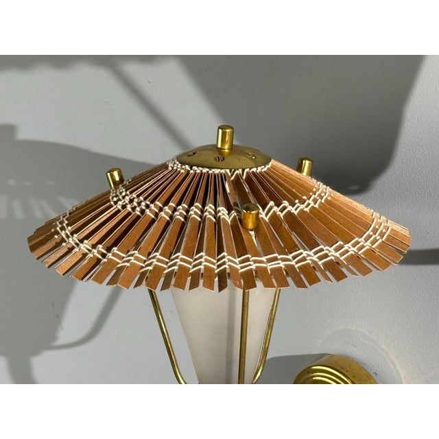 Valinte Oy, Wall Lights, Polished Brass, Frosted Glass, Rattan, Finland, 1950s For Sale - Image 10 of 10