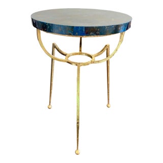 Mosaic Glaze Round Top Side Table on Gold Metal Tripod Legs by Made Goods For Sale