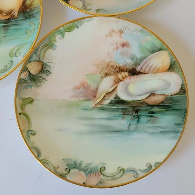 Ceramic Rare Hand-Painted Bavarian Seashell Dessert Set, Signed Artist Porcelain Plates & Serving Bowl For Sale - Image 7 of 10