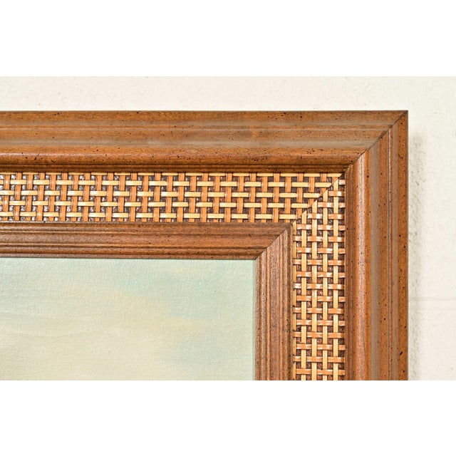 Brown Original Artist Signed Oil Painting on Canvas Rural Landscape of "Covered Bridge" in Carved Walnut and Woven Rattan Frame For Sale - Image 8 of 14