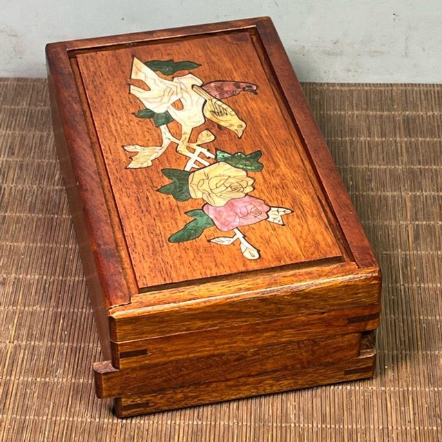 Chinoiserie Vintage Pearwood Secret Mechanism Jewelry Box, Mother of Pearl Bird & Floral Inlay, Chinoiserie Keepsake Box For Sale - Image 3 of 9