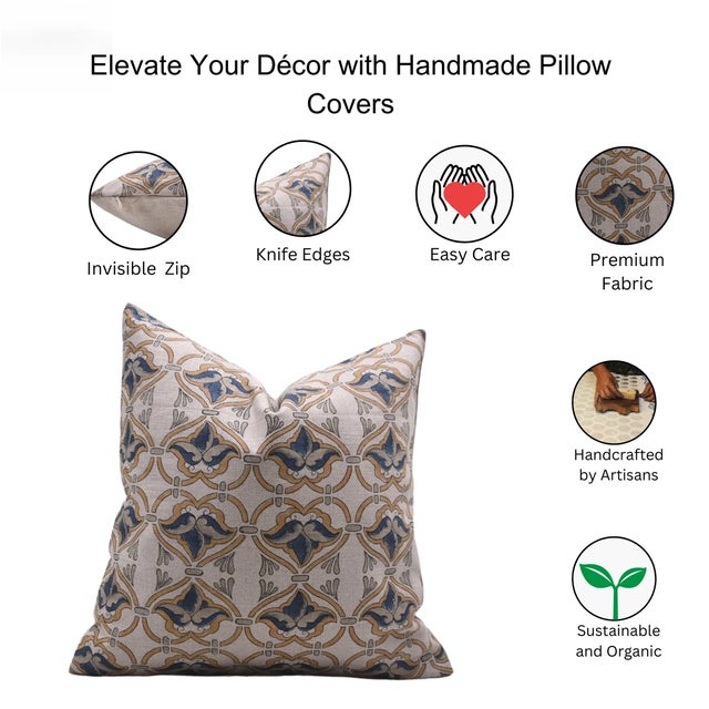 Block Printed Pillow Cover - Pure Linen 24x24 Inch- Hridyavan For Sale - Image 6 of 6