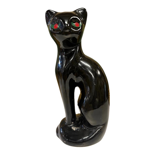 Mid-Century Halloween Decor Ceramic Black Cat. For Sale