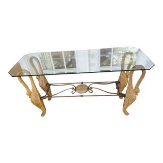 1970s Hollywood Regency Mixed-Metal Swan Coffee Table With Glass Top For Sale