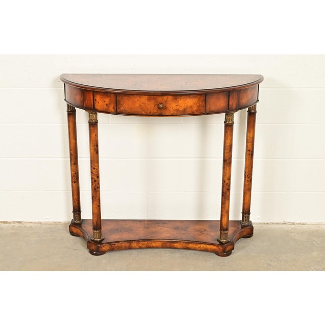 Maitland Smith Style French Empire Burl Wood and Gold Gilt Demilune Console Table For Sale - Image 15 of 15