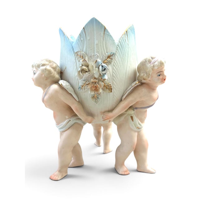 Hollywood Regency 1950's Lenwile Ardalt Porcelain 3 Cherub Floral Planter Vase For Sale - Image 3 of 16