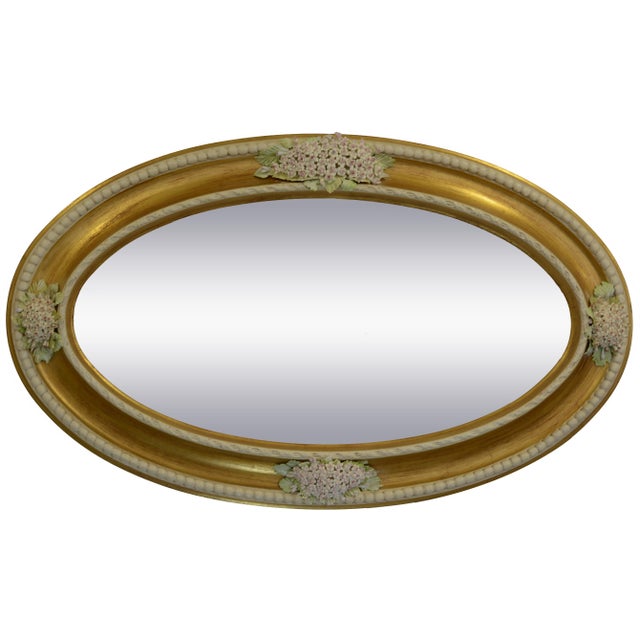 Italian Oval Wall Mirror with Gold Leaf Finish and Capodimonte Porcelain Flowers from Giulio Tucci, 2008 For Sale - Image 6 of 6
