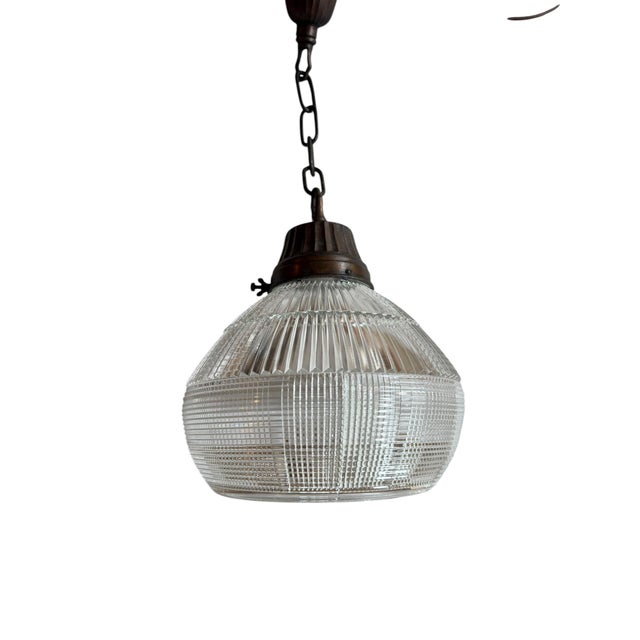 Mid-Century Modern Pair of Prismatic and Ribbed Holophane Glass Pendants Circa 1920’s For Sale - Image 3 of 7