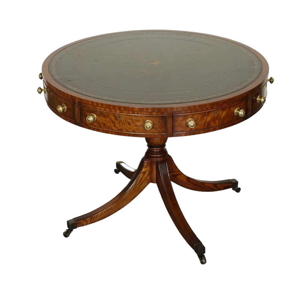 Fine Regency Drum Top Library Table with Aged Green Leather Top | Chairish