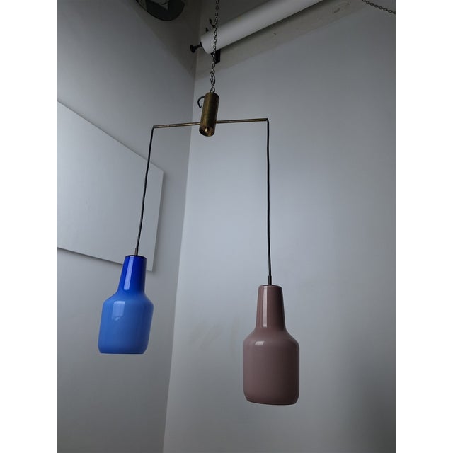 Venini Brass Chandelier with Blue and Pink Glass by Fulvio Bianconi for Venini, 1950s For Sale - Image 4 of 11