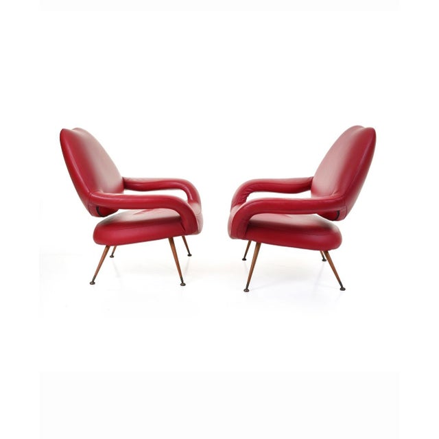 Mid-Century Modern Set of Model DU55 Chairs in Red Leather by Gastone Rinaldi for Poltrona Frau, 1954 For Sale - Image 3 of 18