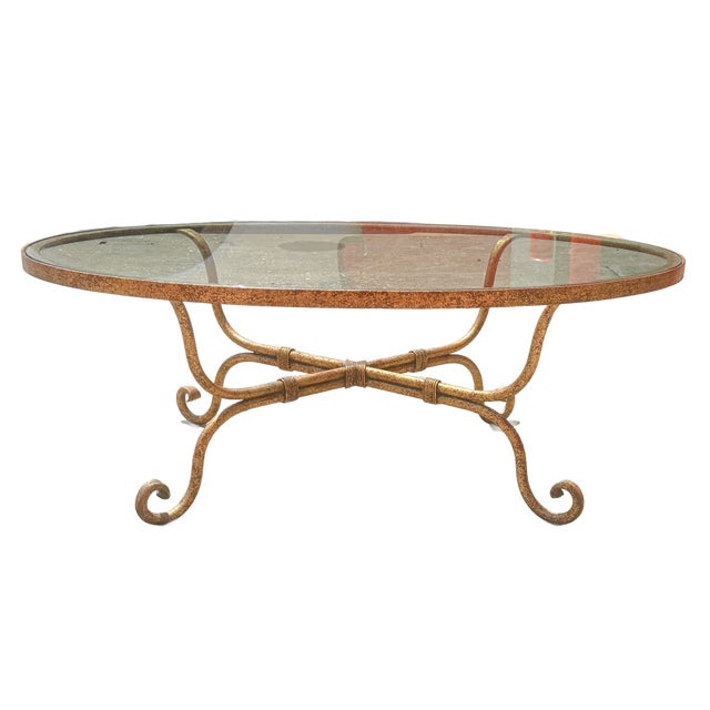 Late 20th Century Hollywood Regency Gilt Wrought Iron Glass Top Oval Cocktail Table For Sale - Image 9 of 16