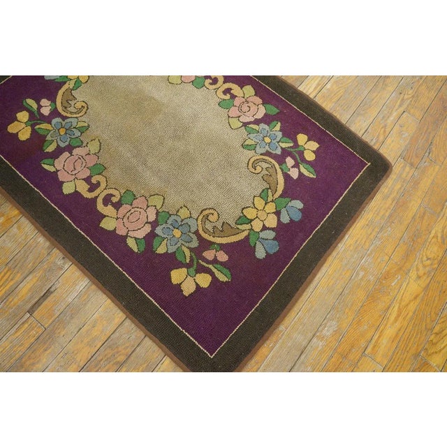 Textile 1890s Purple Medallion Floral Handmade Folk Art Antique American Hooked Rug For Sale - Image 7 of 10