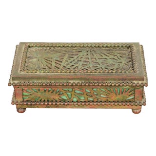 Tiffany Studios New York Pine Needle Pattern Bronze and Favrile Slag Glass Stamp Box For Sale